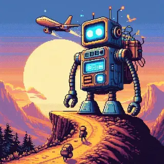 Massive pixel robot on a mountainous path with sunset in the back and a plane flying overhead. Two travelers are walking in front of him